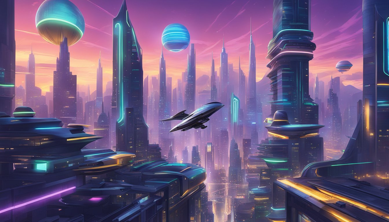 A futuristic cityscape with towering skyscrapers and flying vehicles zipping through the air. The buildings are sleek and metallic, with neon lights illuminating the bustling streets below