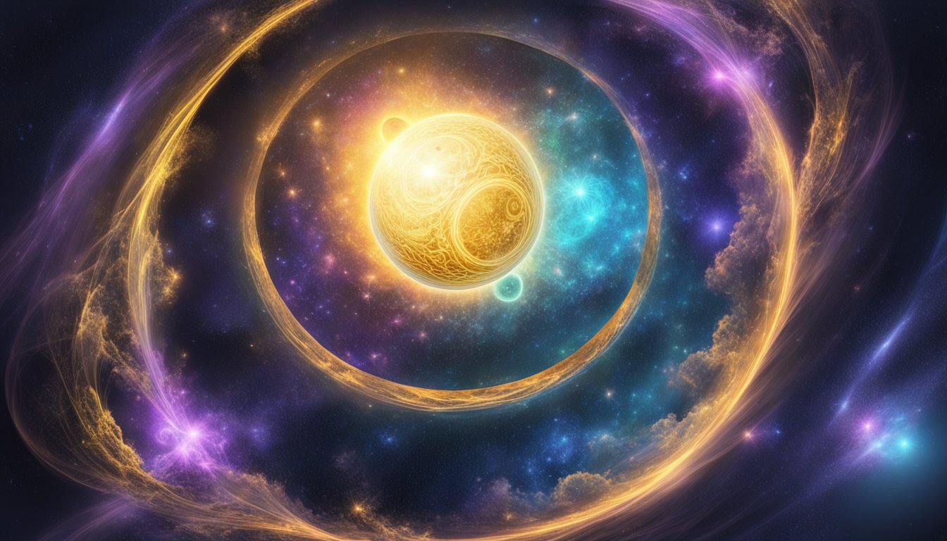 A glowing orb emerges from a cosmic void, surrounded by swirling energy and fractal patterns