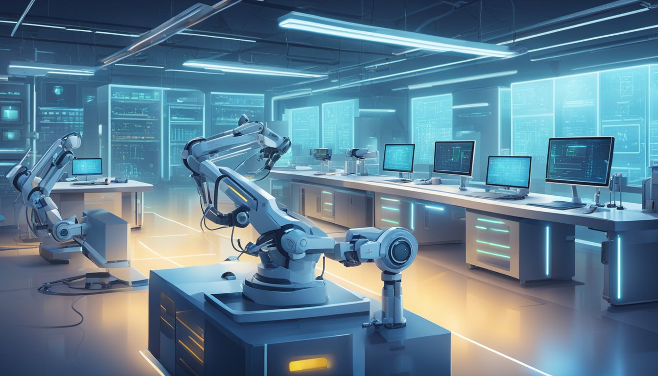 A futuristic laboratory with advanced computer equipment and robotic arms. Bright lights illuminate the sleek, high-tech surroundings