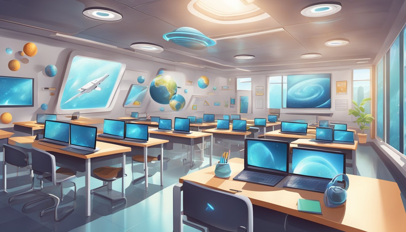 A classroom with futuristic technology and zero gravity environment for education