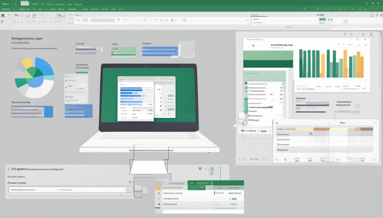 Setting up ChatGPT in Excel: Laptop open, software installation progress bar, Excel spreadsheet on screen, user configuring settings