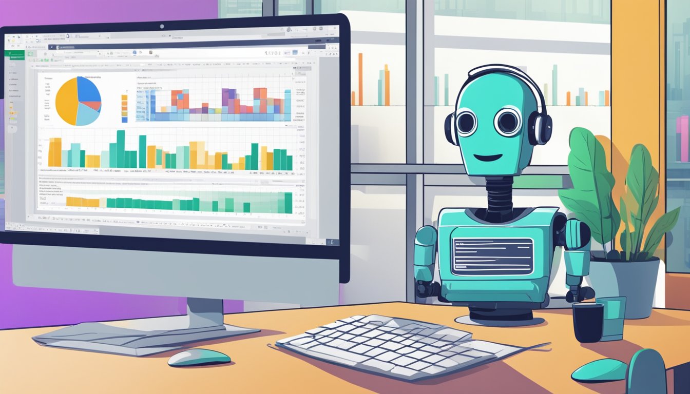 A computer screen displaying a chatbot conversing with a user, while an Excel spreadsheet organizes data in the background