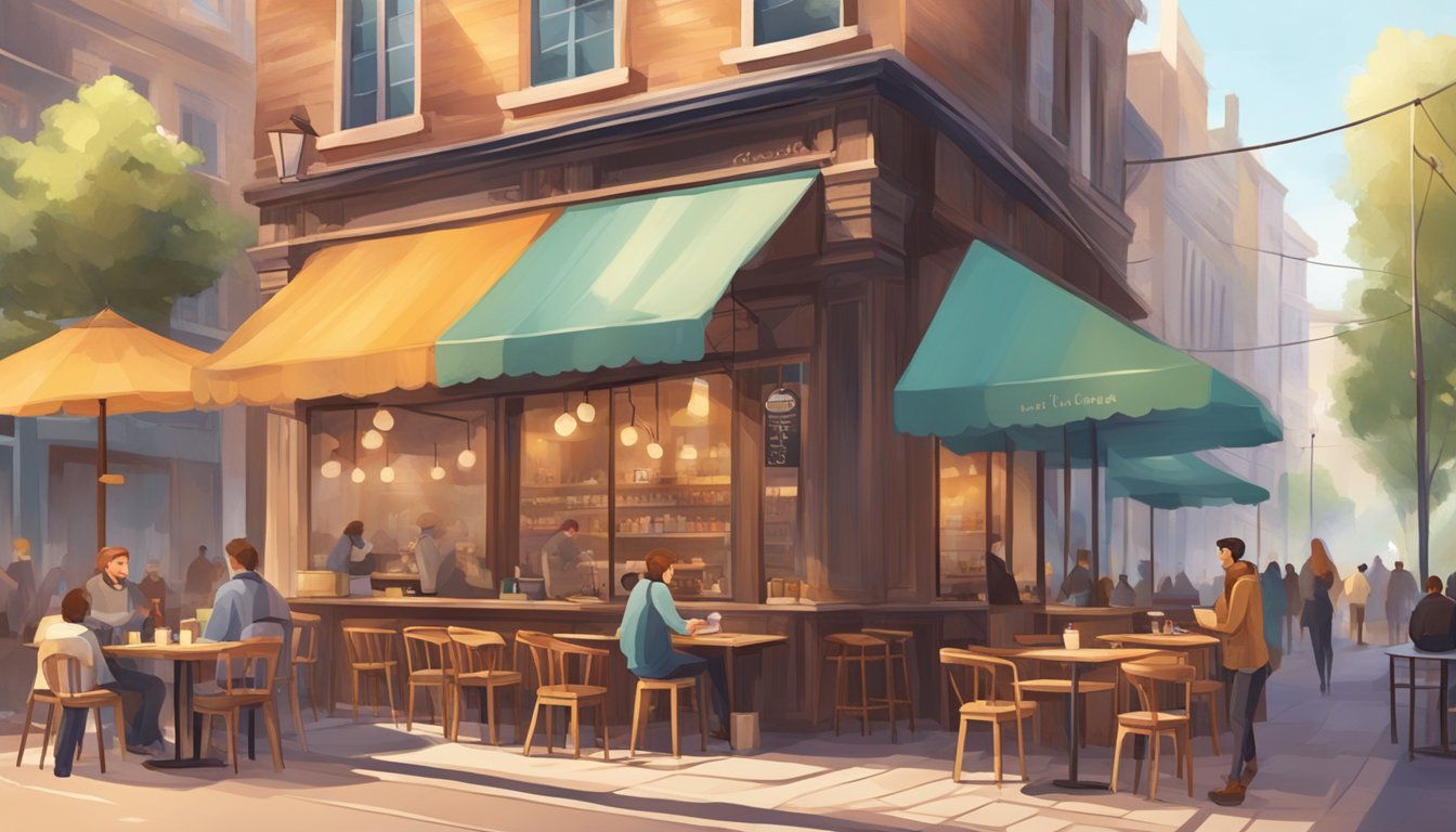 A cozy café with steaming cups, rustic wooden tables, and soft lighting. Outside, a bustling city street with colorful storefronts and people passing by