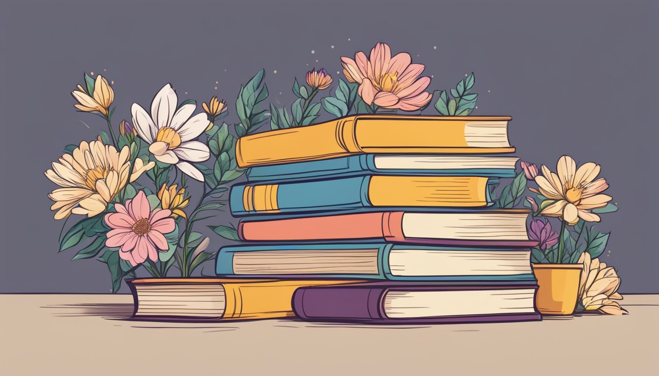 A stack of books surrounded by blooming flowers and a shining light, symbolizing learning and growth with ChatGPT prompt