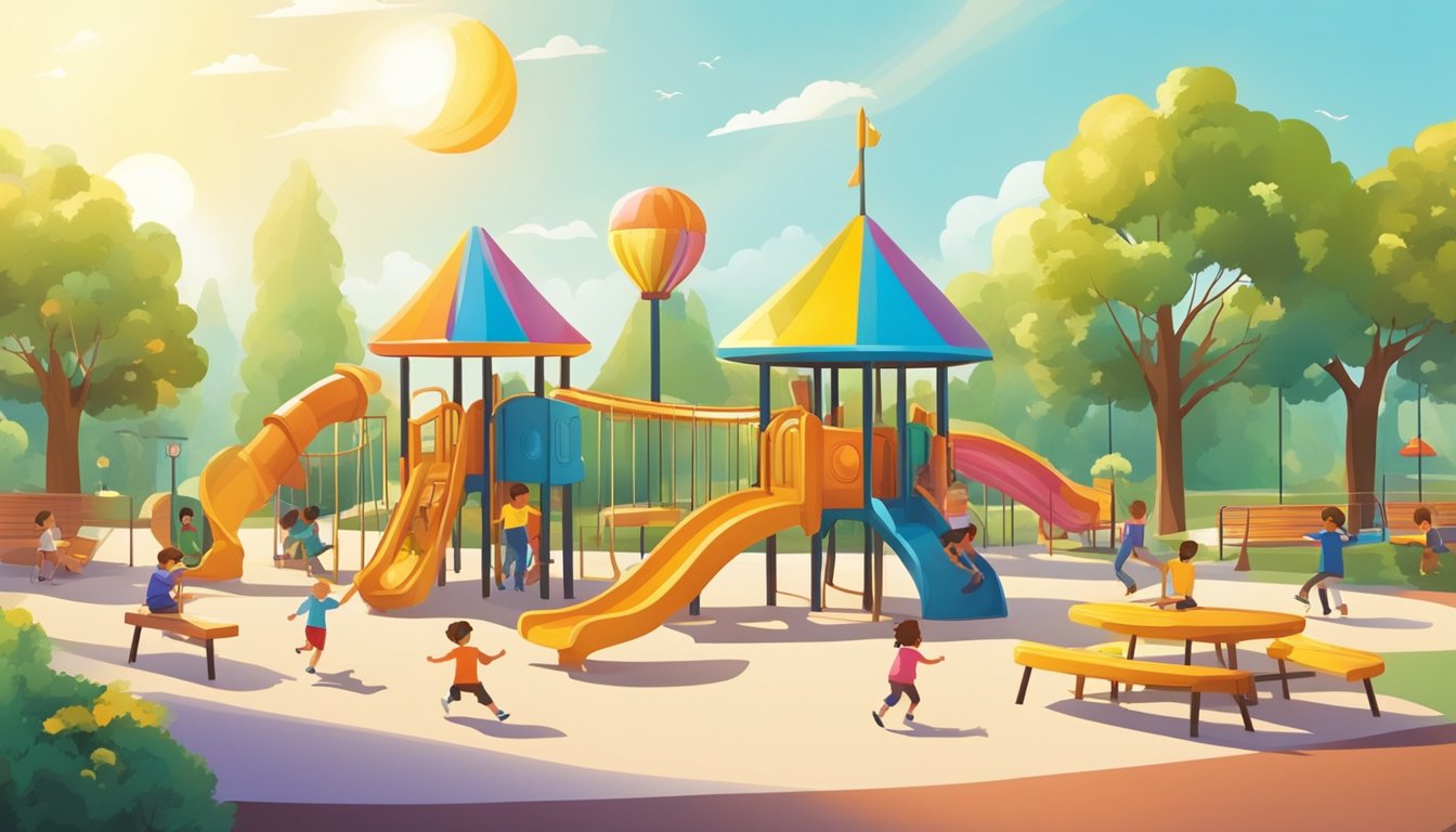 Children playing in a colorful playground with slides, swings, and a merry-go-round. The sun is shining, and there are trees and benches around