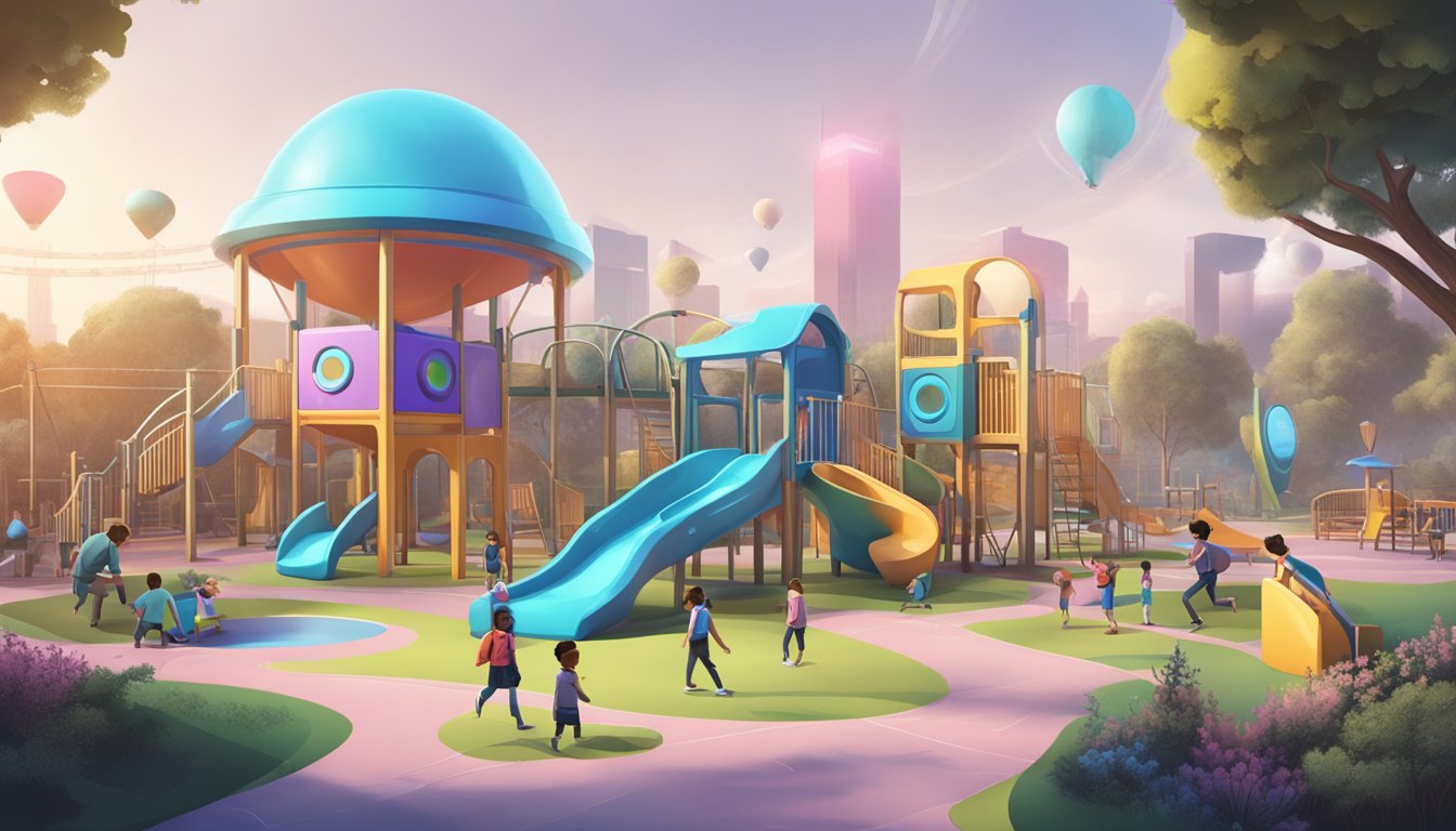 OpenAI's mission depicted: a futuristic playground with advanced technology and interactive features