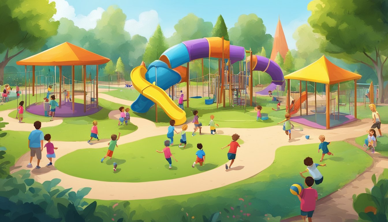 An open playground with colorful equipment, surrounded by greenery and filled with children playing and laughing