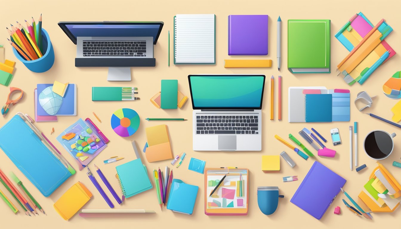 A colorful array of educational tools and resources scattered on a desk. Books, pencils, and digital devices are neatly organized, ready for use