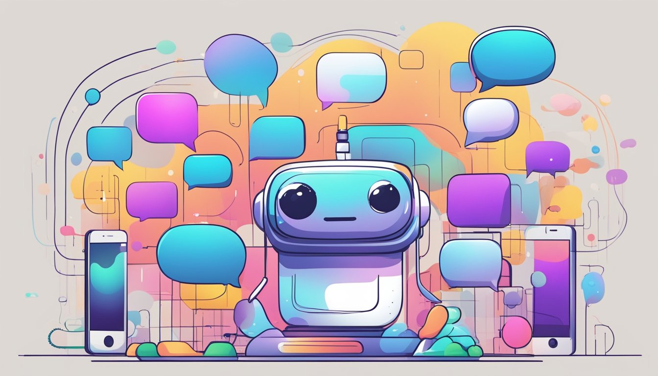 A colorful chatbot surrounded by floating speech bubbles