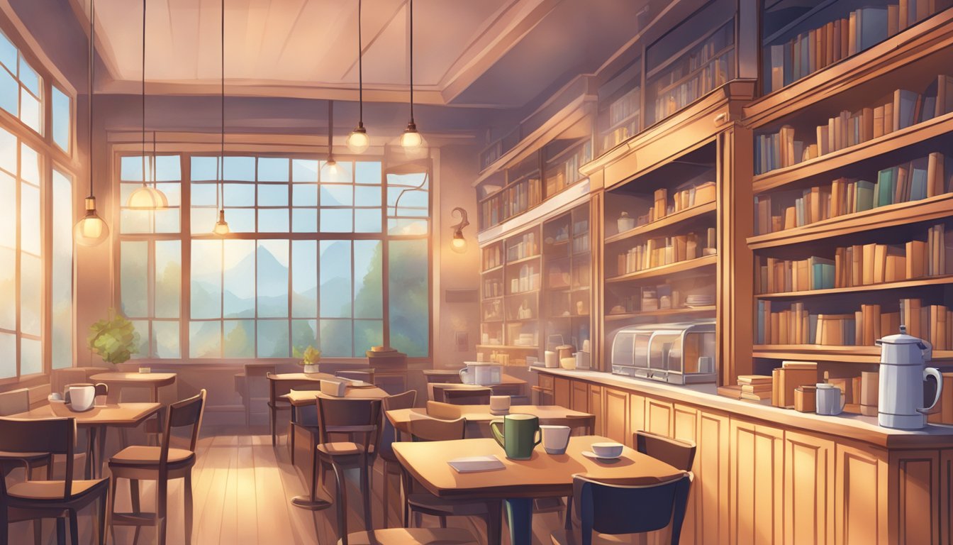 A cozy café with steaming cups, bookshelves, and soft lighting