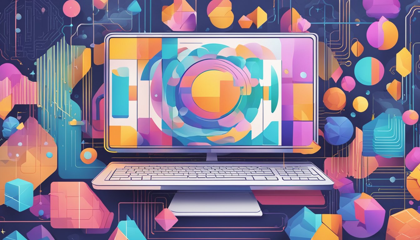 A computer generating images using AI, with colorful patterns and shapes emerging on the screen