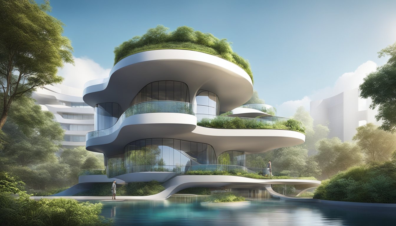 The architecture of GPT-5 features sleek, futuristic design with curved edges and metallic surfaces. The building is surrounded by lush greenery and a flowing water feature, creating a harmonious blend of nature and technology