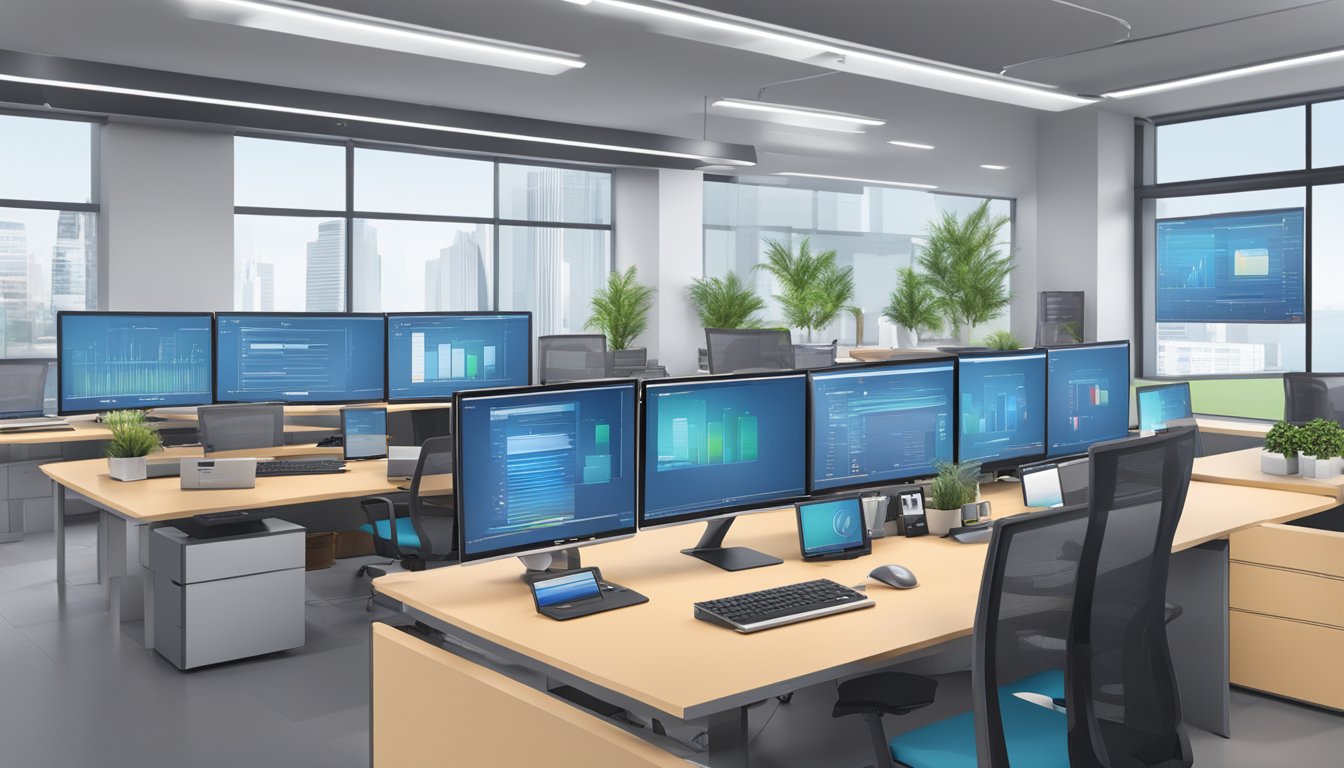 A modern office setting with multiple computer screens displaying the "Applicazioni Enterprise gpt 4 turbo" software interface