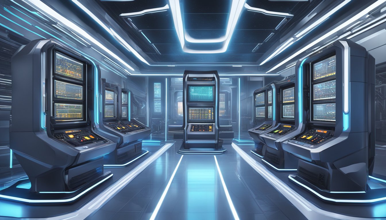 A high-tech GPT-4 Turbo machine towers in a sleek, futuristic environment, surrounded by glowing screens and advanced control panels