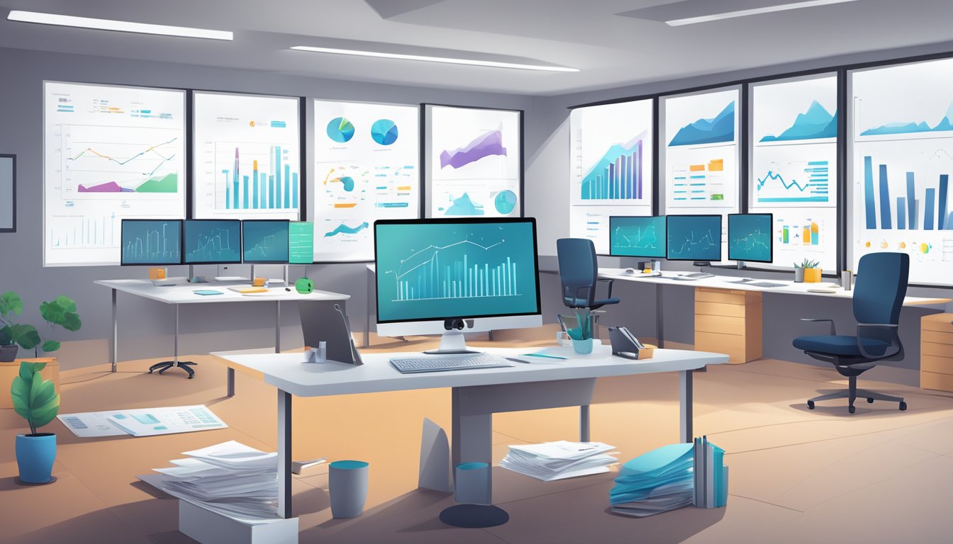 A sleek, modern office with computer screens displaying financial data and charts. A whiteboard with business model diagrams. Calculators and paperwork scattered on desks