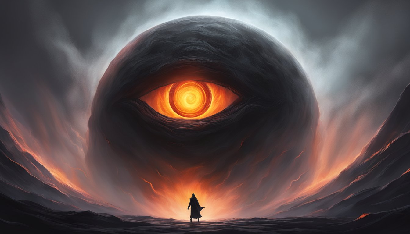 A dark, fiery portal emerges, surrounded by swirling black mist. Glowing red eyes peer out, emanating a sinister presence