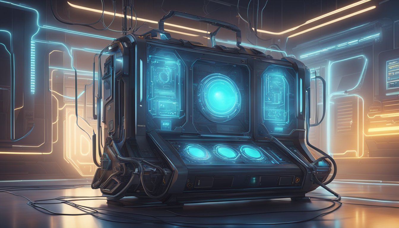 A futuristic machine with glowing panels and wires, emitting a soft hum in a dimly lit room