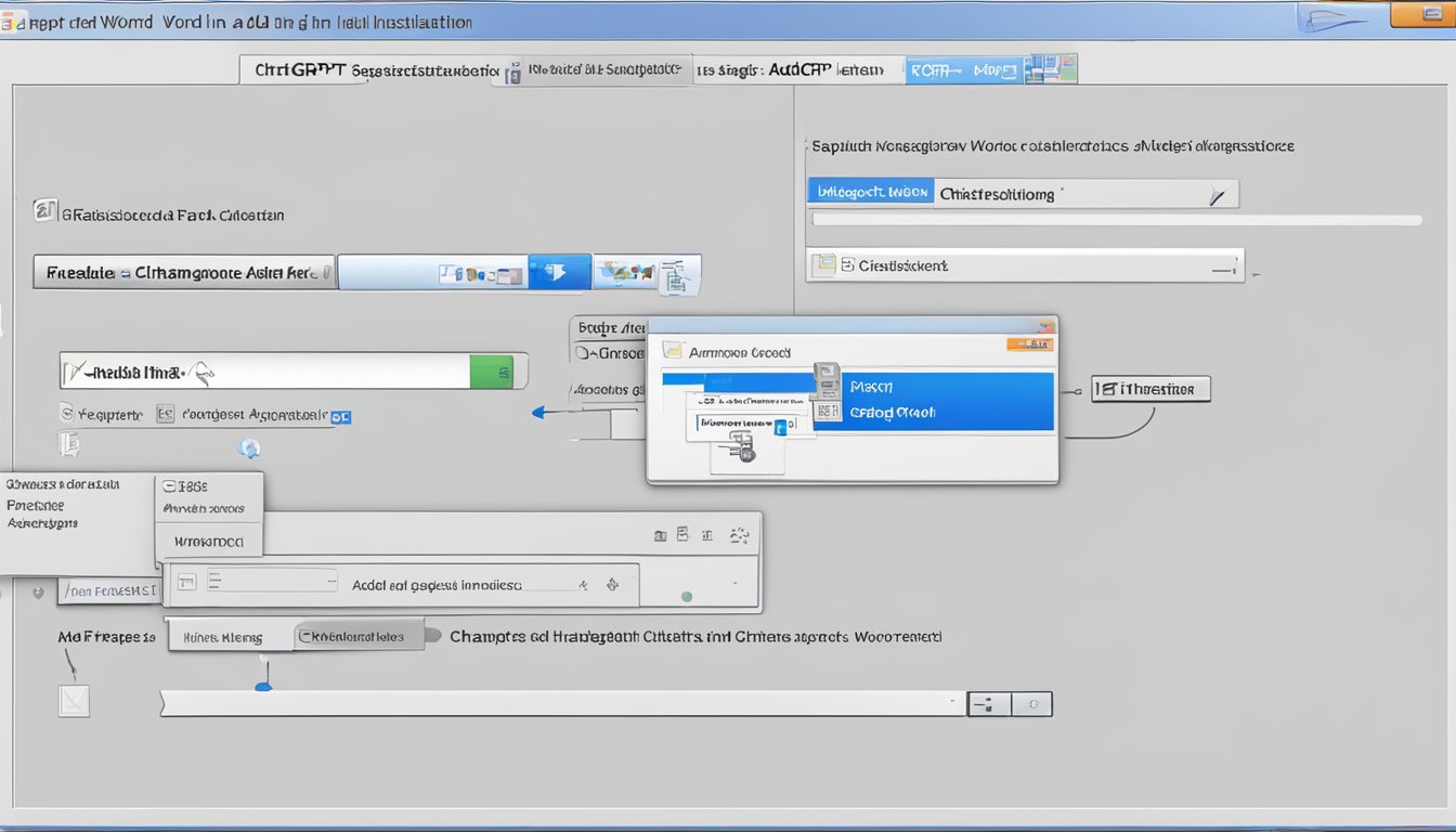 ChatGPT Word Add-in installation: Word interface with ChatGPT logo, "Add-Ins" tab highlighted, and "ChatGPT" option selected for installation