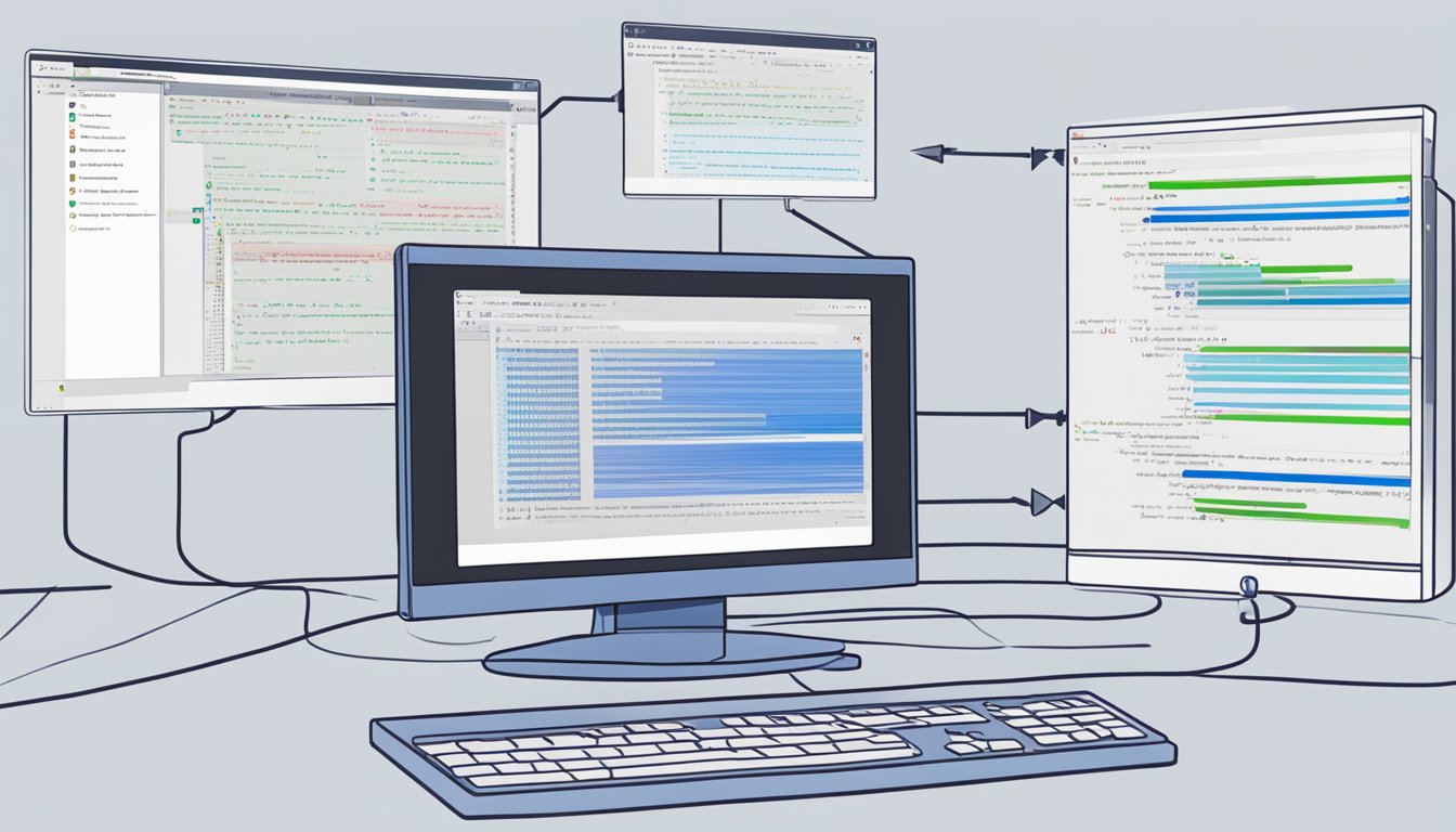 A computer screen displays lines of code with a chat window open, showing the ChatGPT interpreter in action. The code is being interpreted and executed in real-time, with the chat responses appearing on the screen