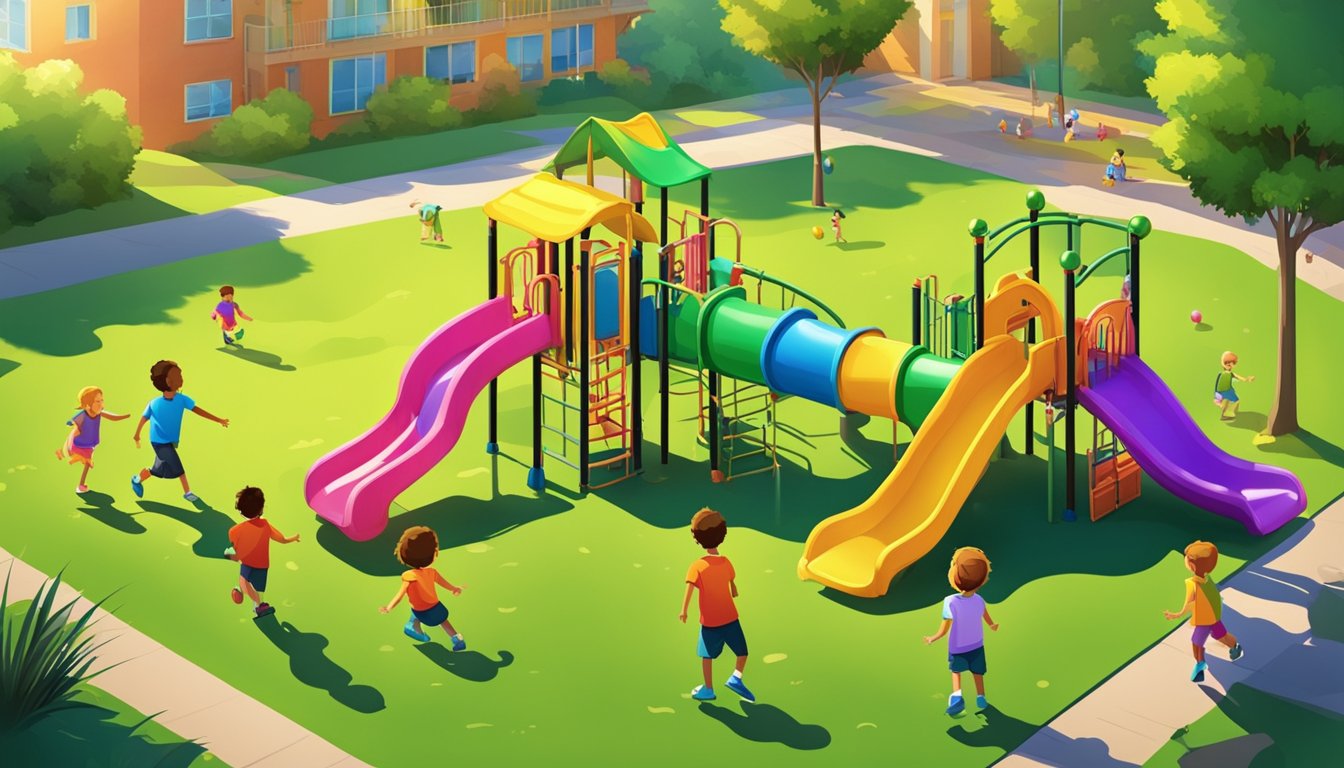 A vibrant playground with a large jungle gym, colorful slides, and children playing. The sun is shining, casting shadows on the bright green grass