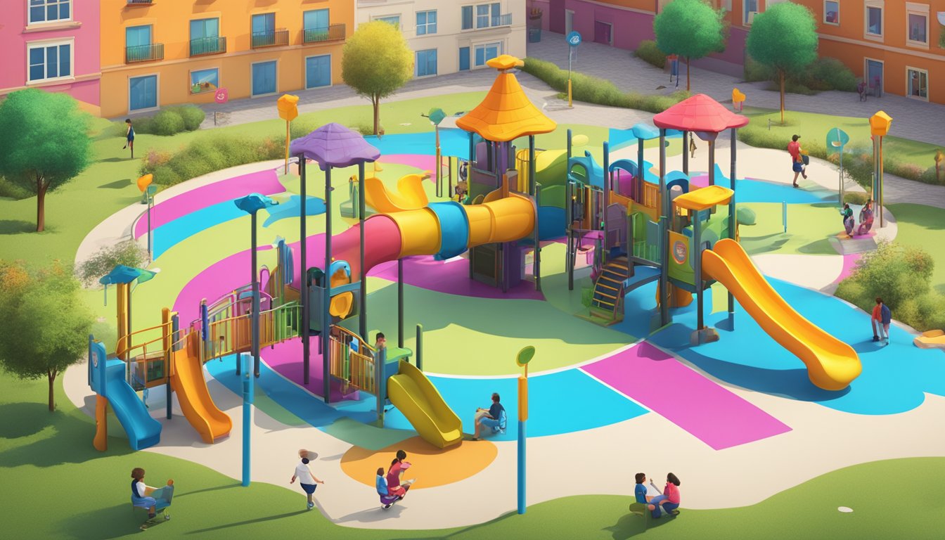 A colorful playground with personalized signs and interactive elements for a user-centered experience