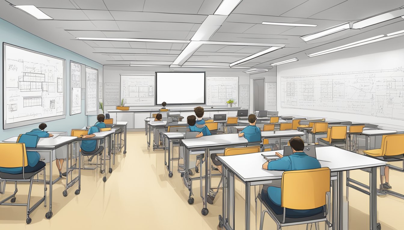 A classroom filled with engineering students, desks arranged in rows, a whiteboard at the front, and technical drawings and equations on the walls