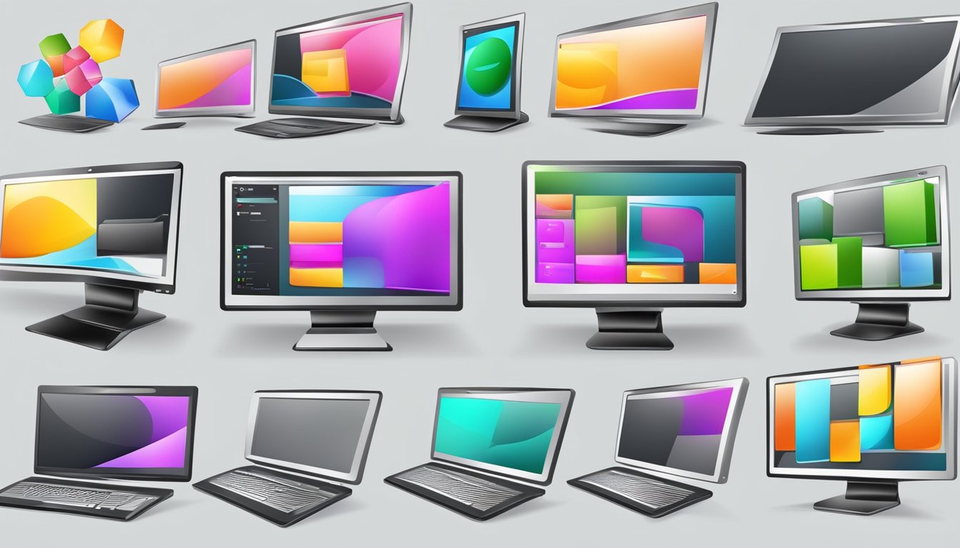 A computer screen displaying various logo design generators with creative elements and color options