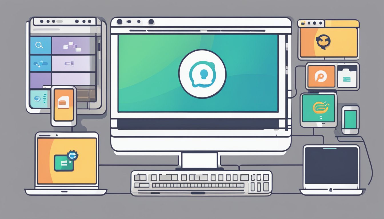 A computer screen displaying the integration of chatgpt plugins with external platforms and services. Icons of different platforms and a chatbot plugin are visible on the screen