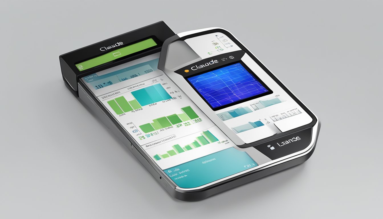 A hand-held device with a digital interface displaying the Applicazione Pratica Claude 3.5 Sonnet. The screen shows graphs and data with a sleek and modern design