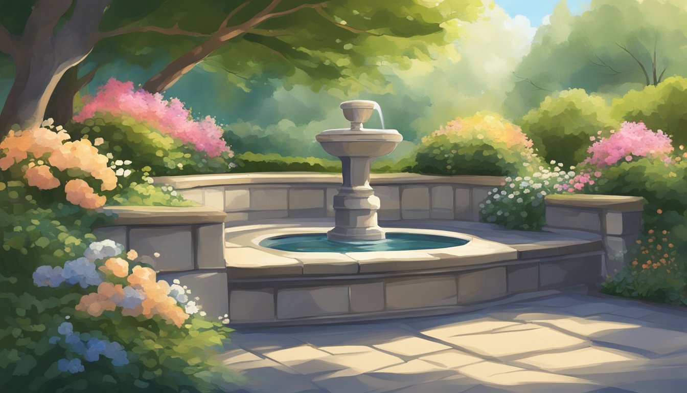 A serene garden with blooming flowers and a gentle breeze, casting dappled sunlight on a stone bench and a small fountain