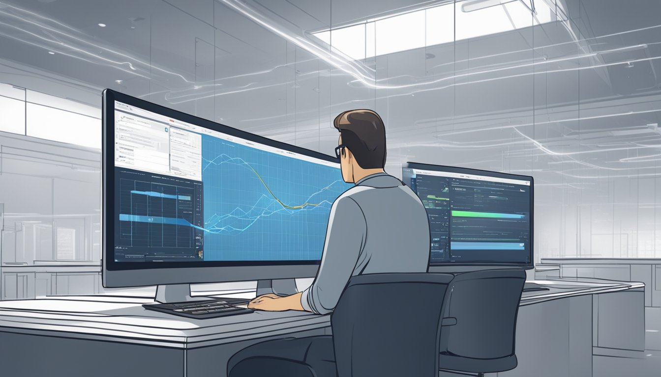 A computer screen displays Claude and ChatGPT interacting with data flowing between them. The interface is sleek and modern, with clear communication between the two systems