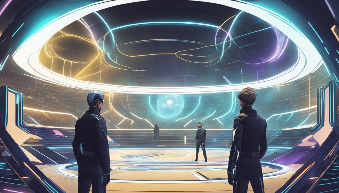 A panoramic view of Claude and ChatGPT facing off in a futuristic virtual arena