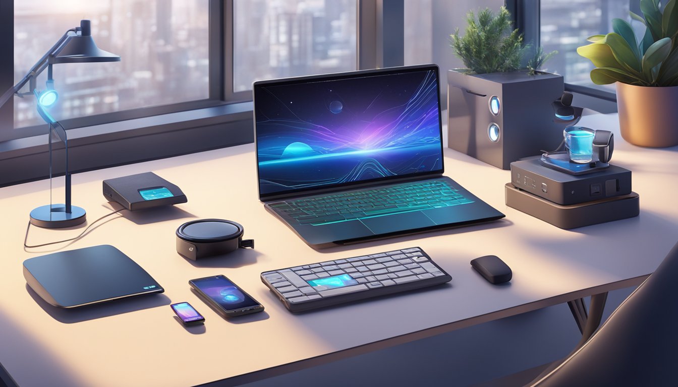 A small, sleek GPT-4o mini model sits on a clean, modern desk, surrounded by high-tech gadgets and glowing screens