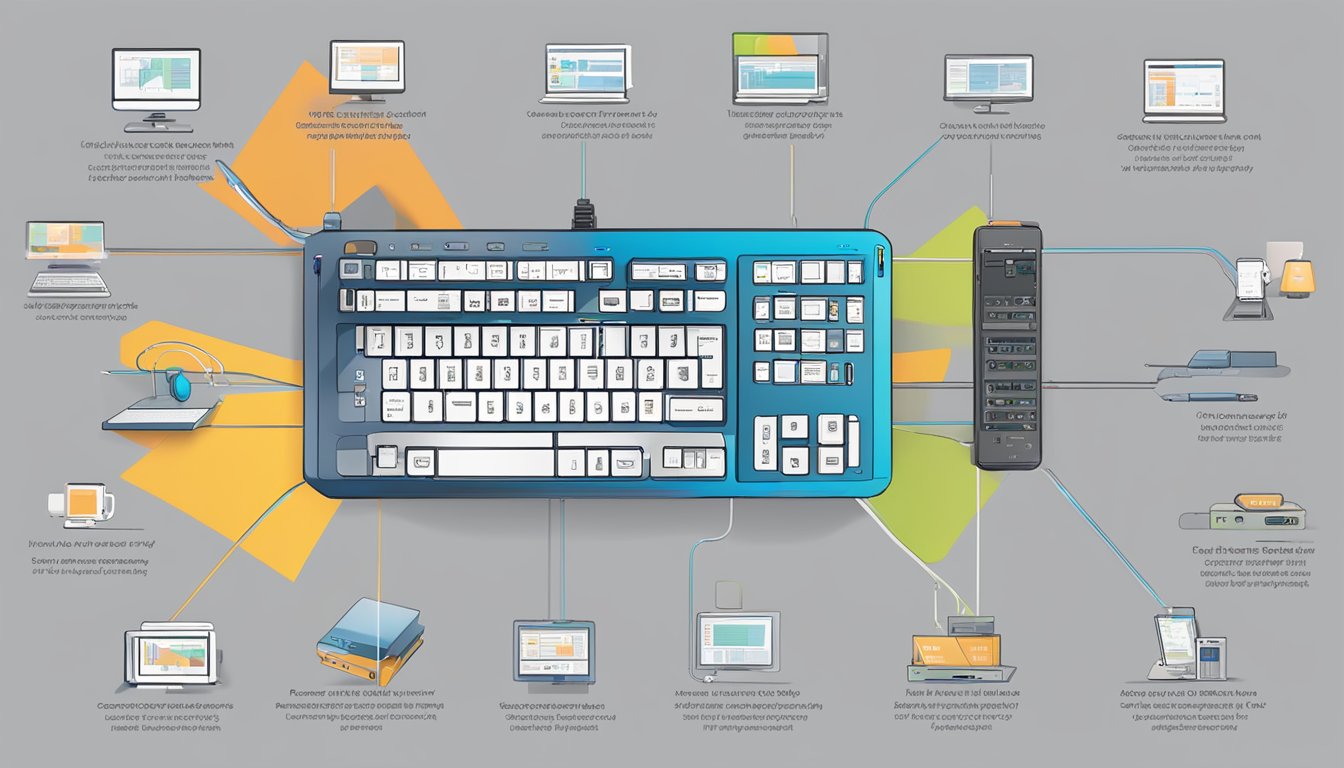 A colorful array of interconnected devices and interfaces, showcasing the versatility and integration of the GPT-4o mini model's multimodal capabilities