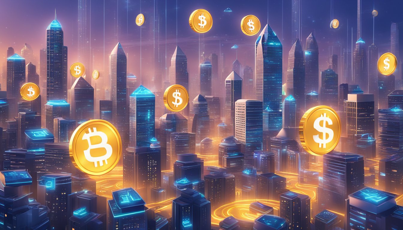 A futuristic city skyline with digital currency symbols floating above buildings, representing the economic impact and usage of the GPT-4o mini model token