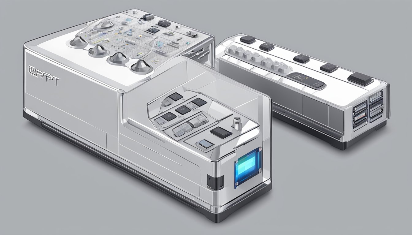 A futuristic GPT-4o model with multiple sensory inputs and outputs, including visual, auditory, and tactile features, displayed on a sleek, high-tech interface