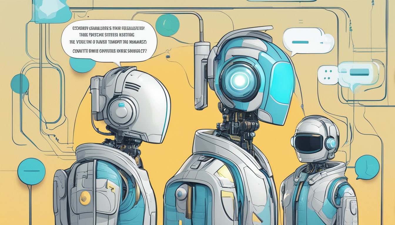 Two chatbots, ChatGPT and gemini, facing each other with speech bubbles above their heads, comparing and contextualizing their features and capabilities