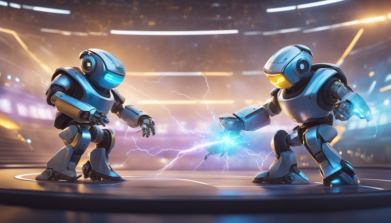 Two small robots face off in a futuristic arena, sparks flying as they clash in a battle of agility and strategy