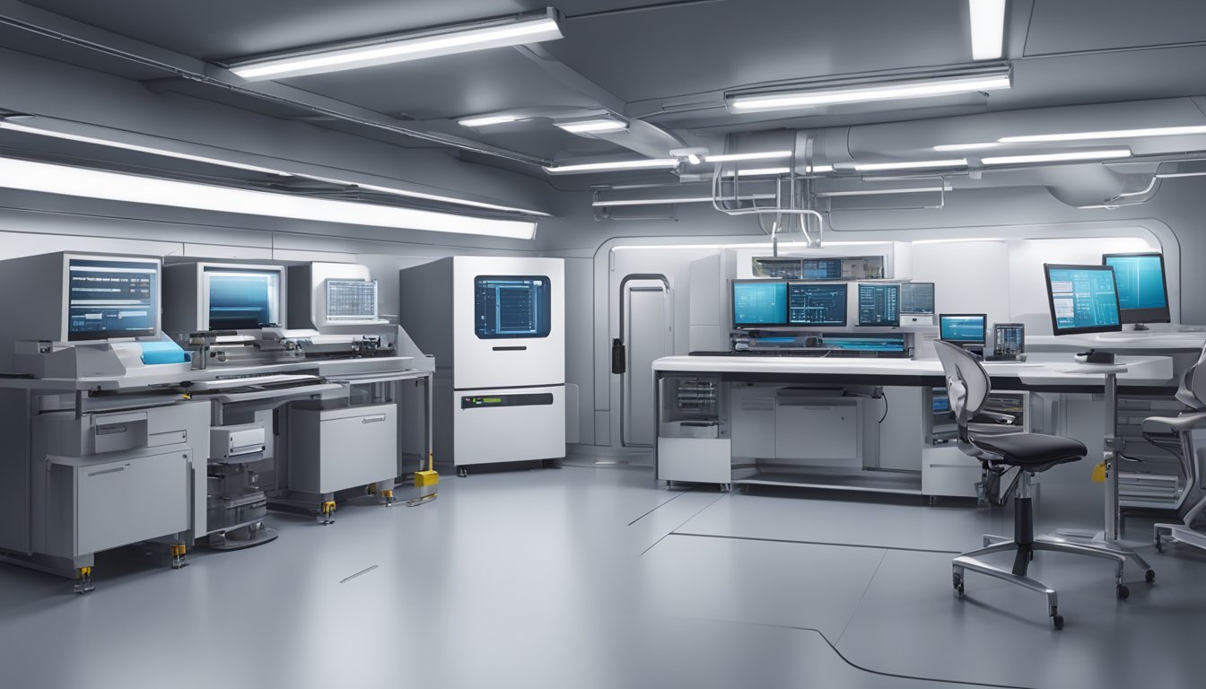 A futuristic laboratory with advanced machinery and computer systems, showcasing the comparison between GPT-4o Mini and Claude 3 performance and identification markings