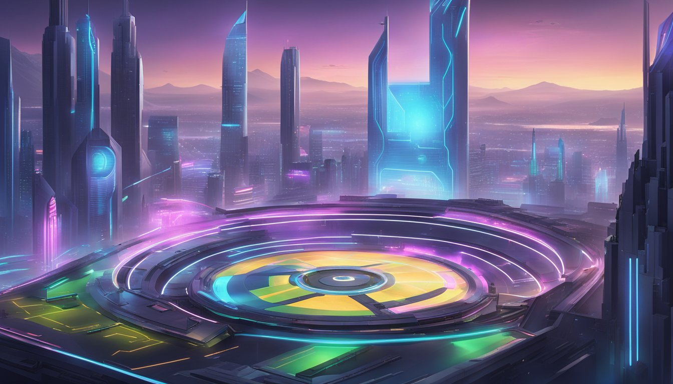 A futuristic cityscape with GPT-4o Mini and Claude 3 facing off in a high-tech arena, surrounded by holographic displays and advanced technology