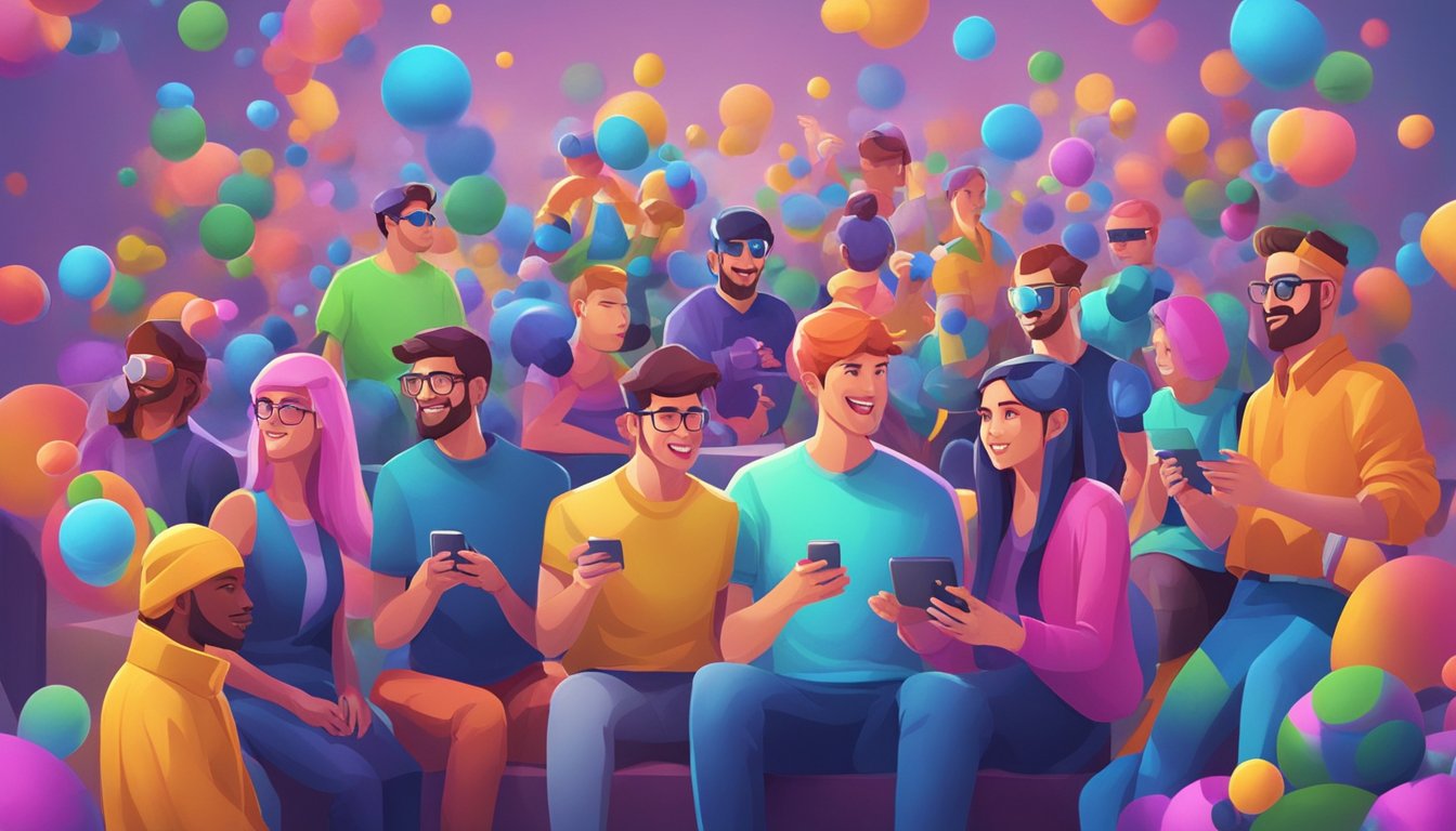 A group of colorful game characters chat and play in a virtual world