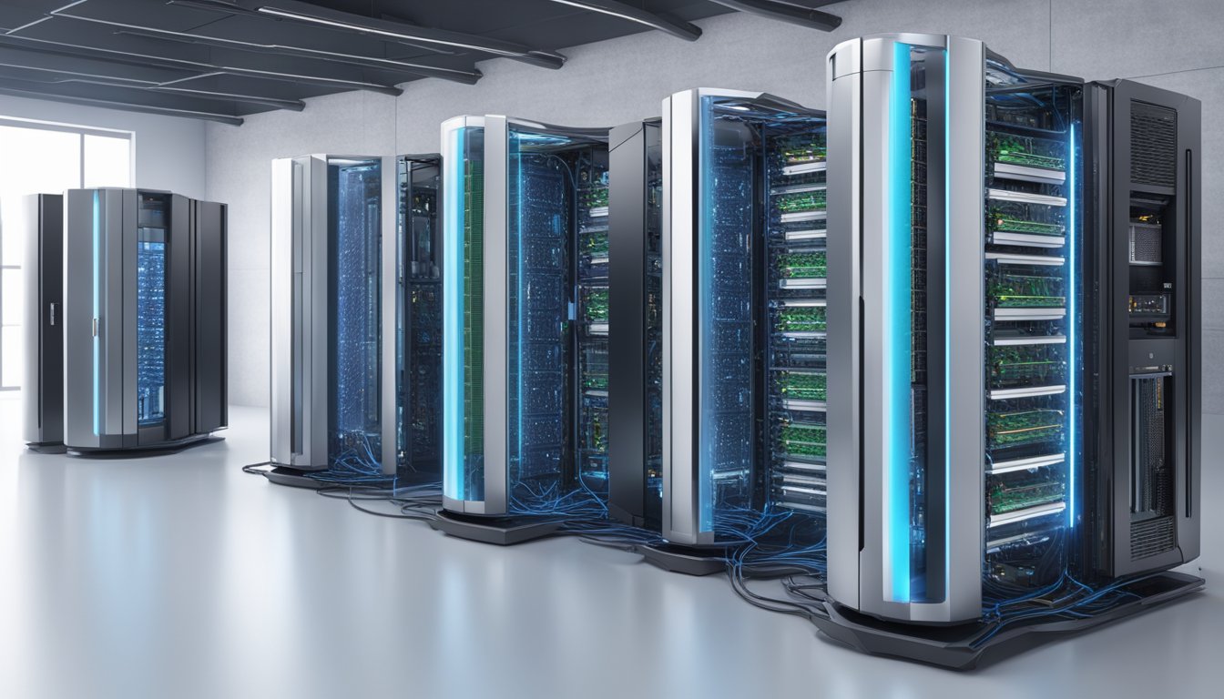 Un supercomputer futuristico (GPT-3) si trasforma in una versione ancora più avanzata (GPT-4) in un paesaggio digitale di nodi e circuiti interconnessi.