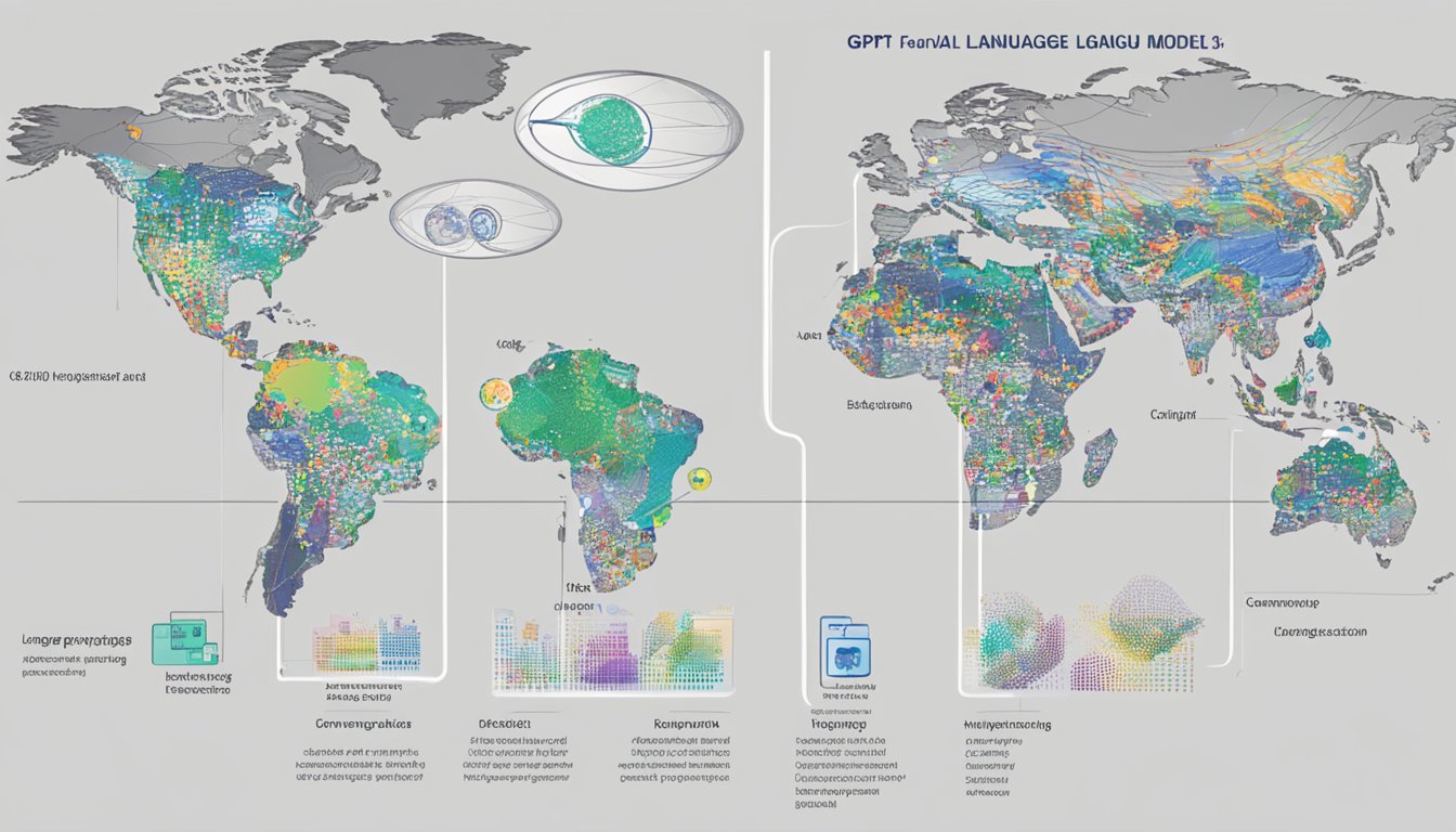 Una progressione di modelli linguistici, da GPT-1 a GPT-4, rappresentata attraverso l'evoluzione della tecnologia e le rappresentazioni visive dei dati e dell'elaborazione del linguaggio.