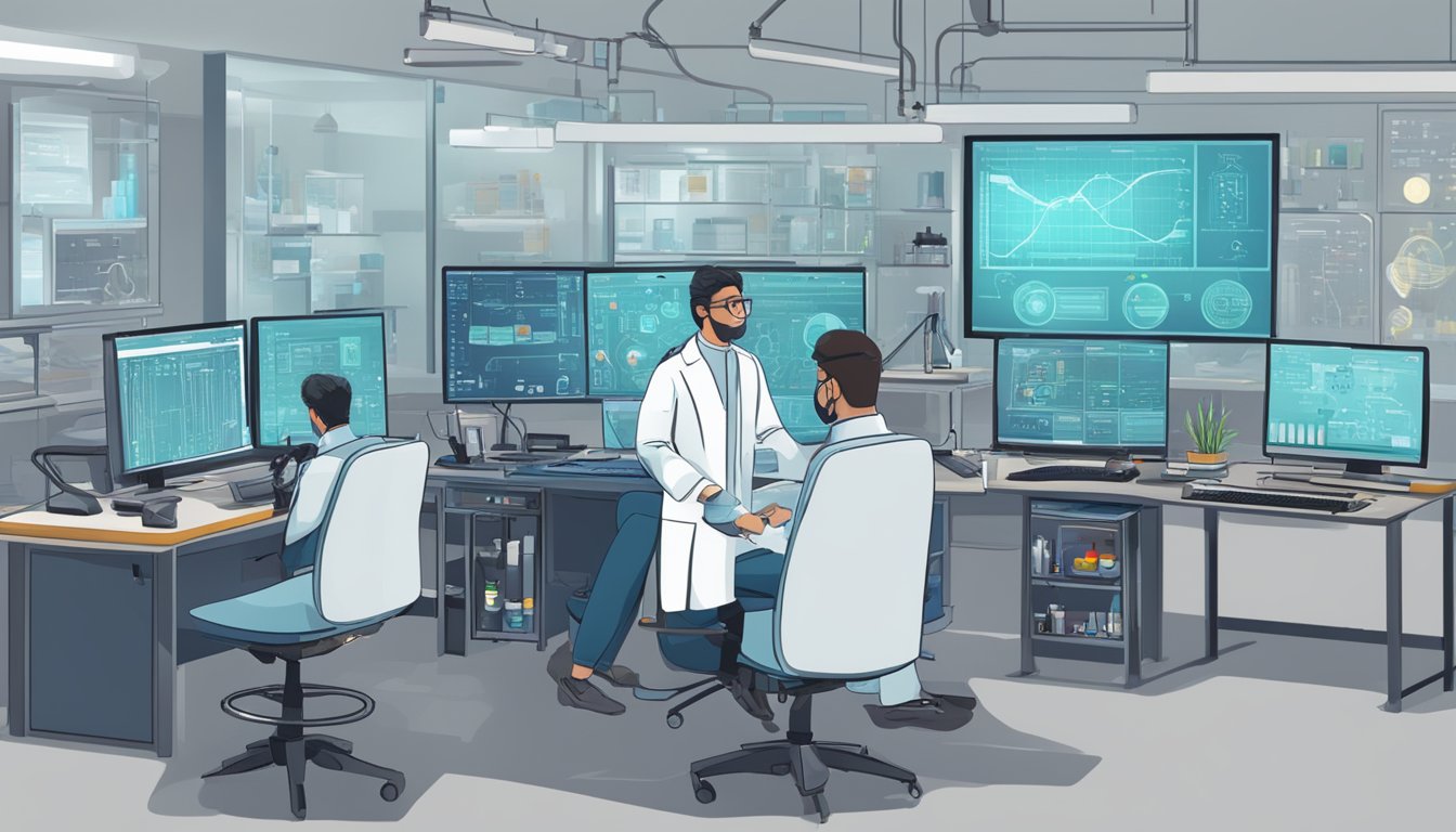 Un scienziato che utilizza ChatGPT per la ricerca, circondato da attrezzature da laboratorio e schermi di computer