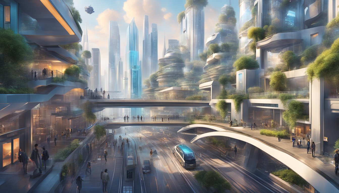 La visione di Claude del futuro dell'IA: Un paesaggio urbano futuristico con tecnologia IA avanzata integrata nella vita quotidiana