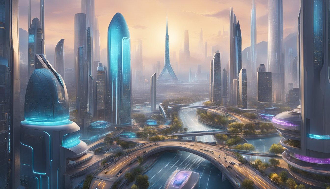 La visione di Claude del futuro dell'IA: un paesaggio urbano futuristico con tecnologia IA integrata, architettura elegante e avanzata, e veicoli autonomi