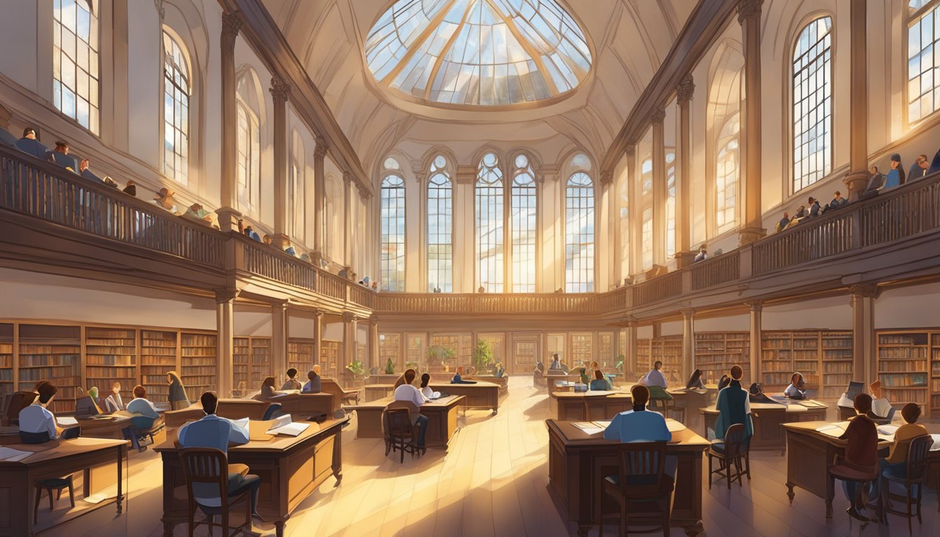 Un mondo accademico vivace con studenti, professori e libri in una grande biblioteca. La luce del sole filtra attraverso le ampie finestre, illuminando l'atmosfera di studio.