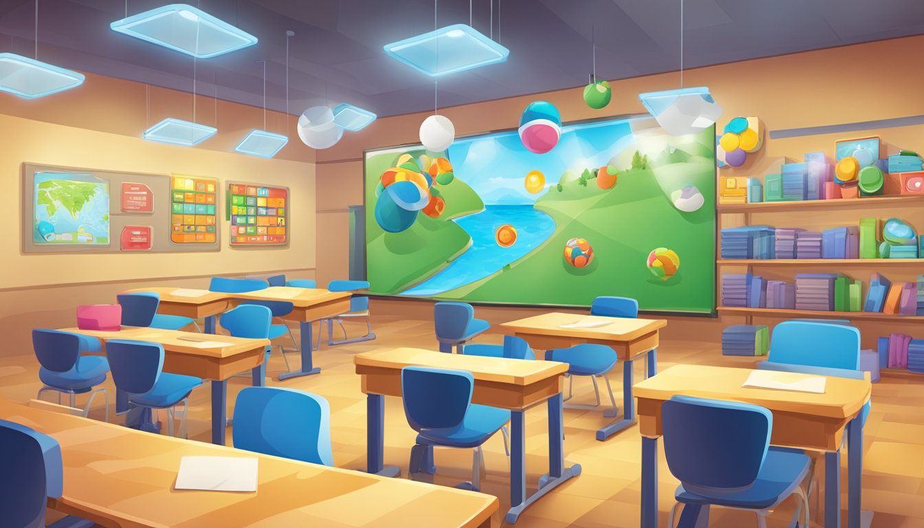 Un'aula con elementi di gioco colorati integrati nell'ambiente di apprendimento, come tabelloni di gioco, badge digitali e display interattivi.