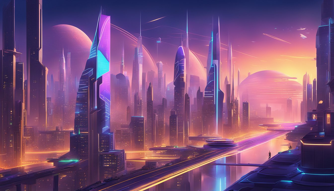 Un paesaggio urbano futuristico con edifici eleganti, veicoli volanti e tecnologia avanzata. Lo skyline è illuminato da luci al neon e l'atmosfera è frenetica di innovazione e progresso.