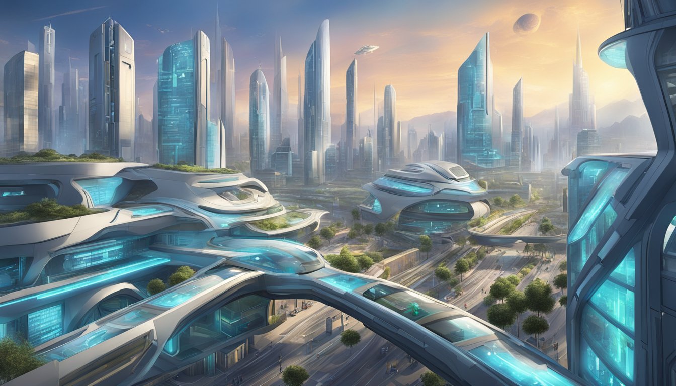 Un paesaggio urbano futuristico con misure di sicurezza avanzate e caratteristiche di design etico, che mette in risalto l'importanza della sicurezza e dell'etica nei progetti futuri di Sora.